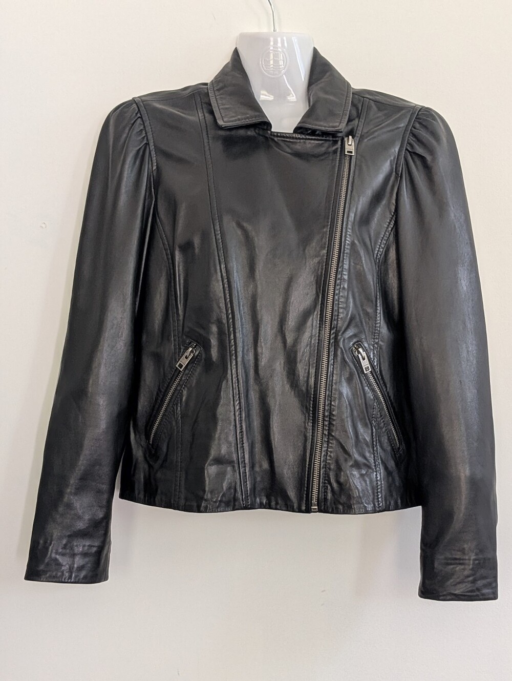 Lucky Brand Black Puff Sleeve Leather Moto Jacket